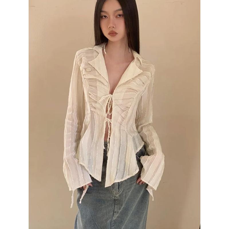 Yedinas Fairycore Lace Up Blouse Women Long Sleeve Spring 2023 New Turn-down Collar Women Shirt Ladies Tops Korean Fashion Chic