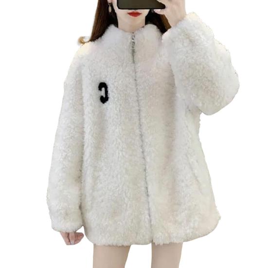 Winter Lady Coat Thickened Double-sided Faux Fleece Solid Color Stand Collar Neck Protection
