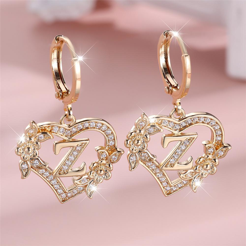 Female A-Z 26 Letter Heart Flower Hoop Earrings Yellow Gold White Zircon Wedding Jewelry For Women