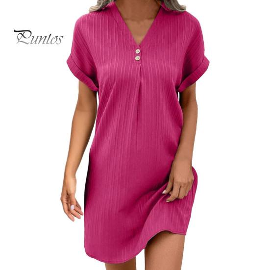 Летнее мини-платье с короткими рукавами и V-образным вырезом, свободное однотонное платье в стиле бохо с пуговицами, повседневное платье для пляжного отдыха, повседневная одежда