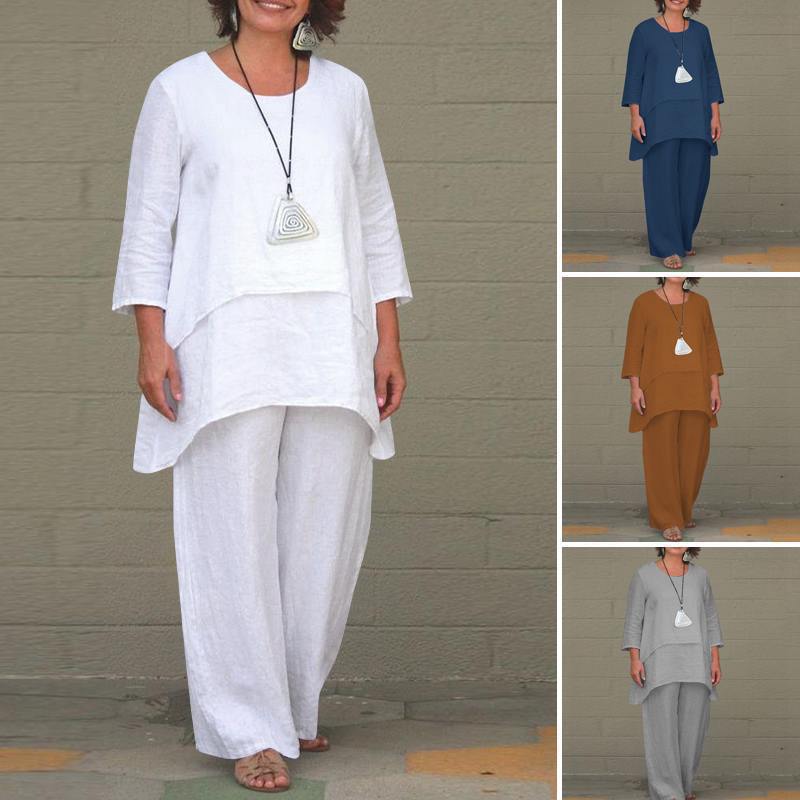 Fake Two-piece Cotton Linen White Set Women's Casual Irregular Top + Wide-leg Pants 2-piece Suit Loose Oversized Women Outfit