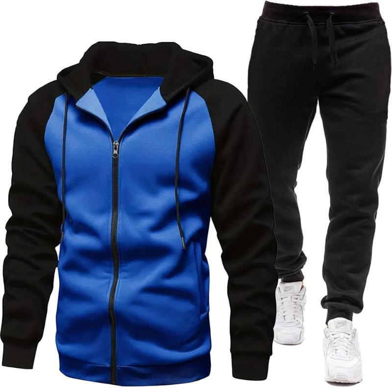 Men's Fashion Color Blocked Coat Long Sleeve Casual Sports Set Men's Top Pants