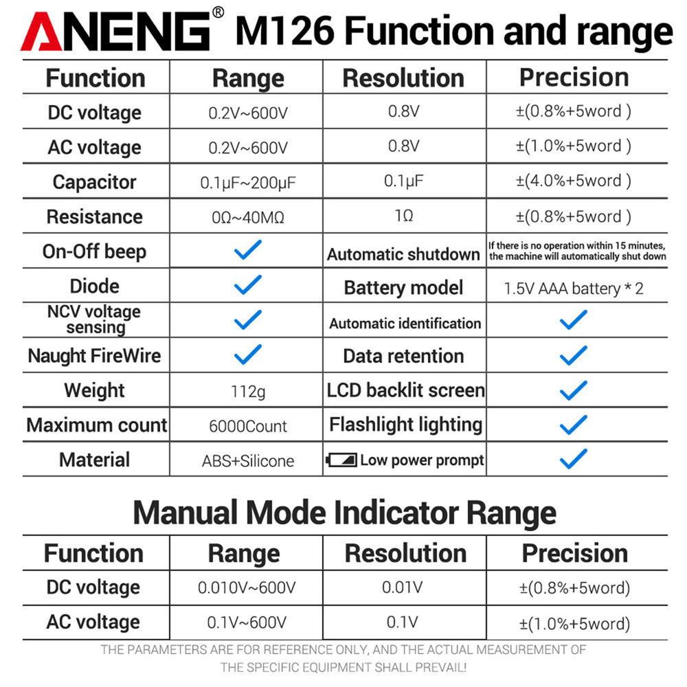 Многофункциональный цифровой мультиметр ANENG M126 Профессиональный 6000 отсчетов AC/DC Напряжение Сопротивление Емкость NCV Детекция Вольтметр Инструменты Электрик