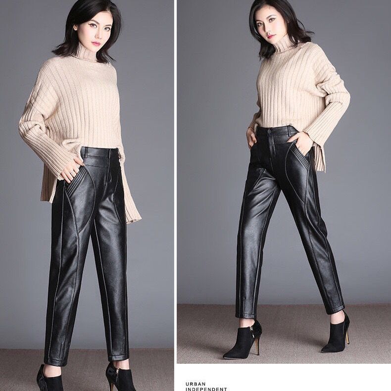 Утолщенные черные кожаные брюки женские свободные брюки-харлан с высокой талией осенне-зимние плюшевые брюки леггинсы повседневные брюки из искусственной кожи