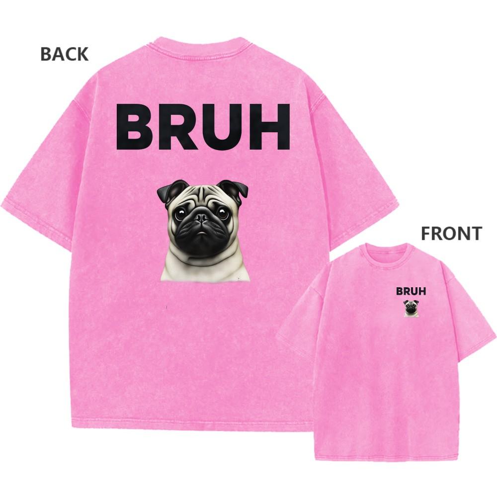 Oversized Vintage Washed TShirt Funny Pug BRUH Print Unisex Casual Tee