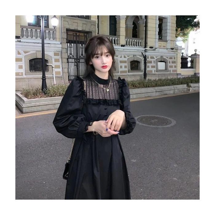 Женское зимнее корейское платье 2025 года с рукавами-фонариками и кружевом