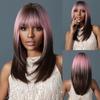 Purple Pink Ombre Black Short Straight Synthetic Wigs with Bangs Bob Wig for Women Daily Cosplay Party Heat Resistant Fake Hairs