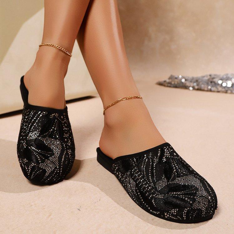 Foreign Trade Color Sequined Bag Head Half Slippers Women's Summer Wear 2025 New Flat-bottomed Large-size Lazy Cool Slippers