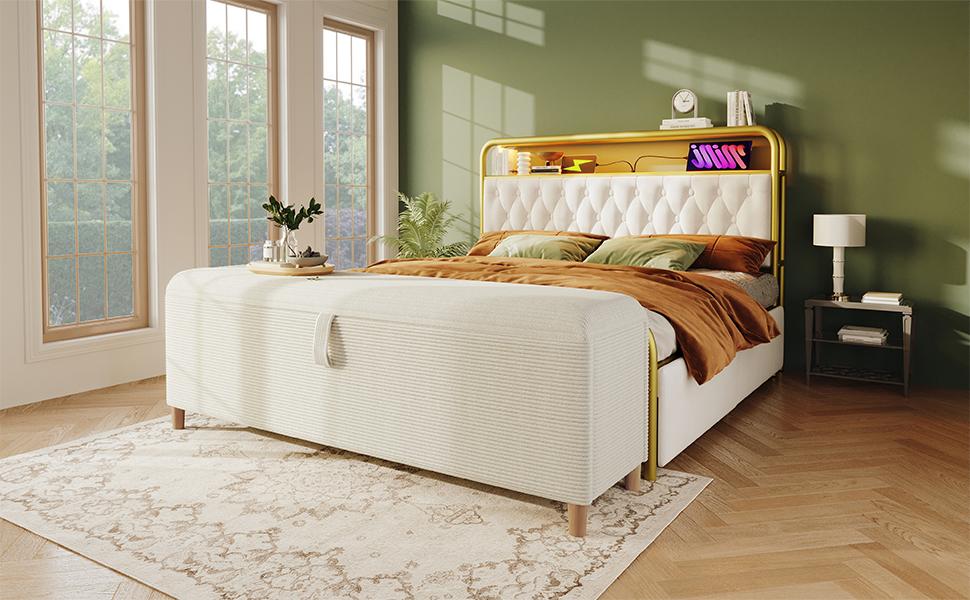 Bed Bench with Storage, 145 x 38 cm, Upholstered Bench with Hydraulic Storage, Storage Box, Bedroom, Living Room and Hallway, Beige Corduroy Look.