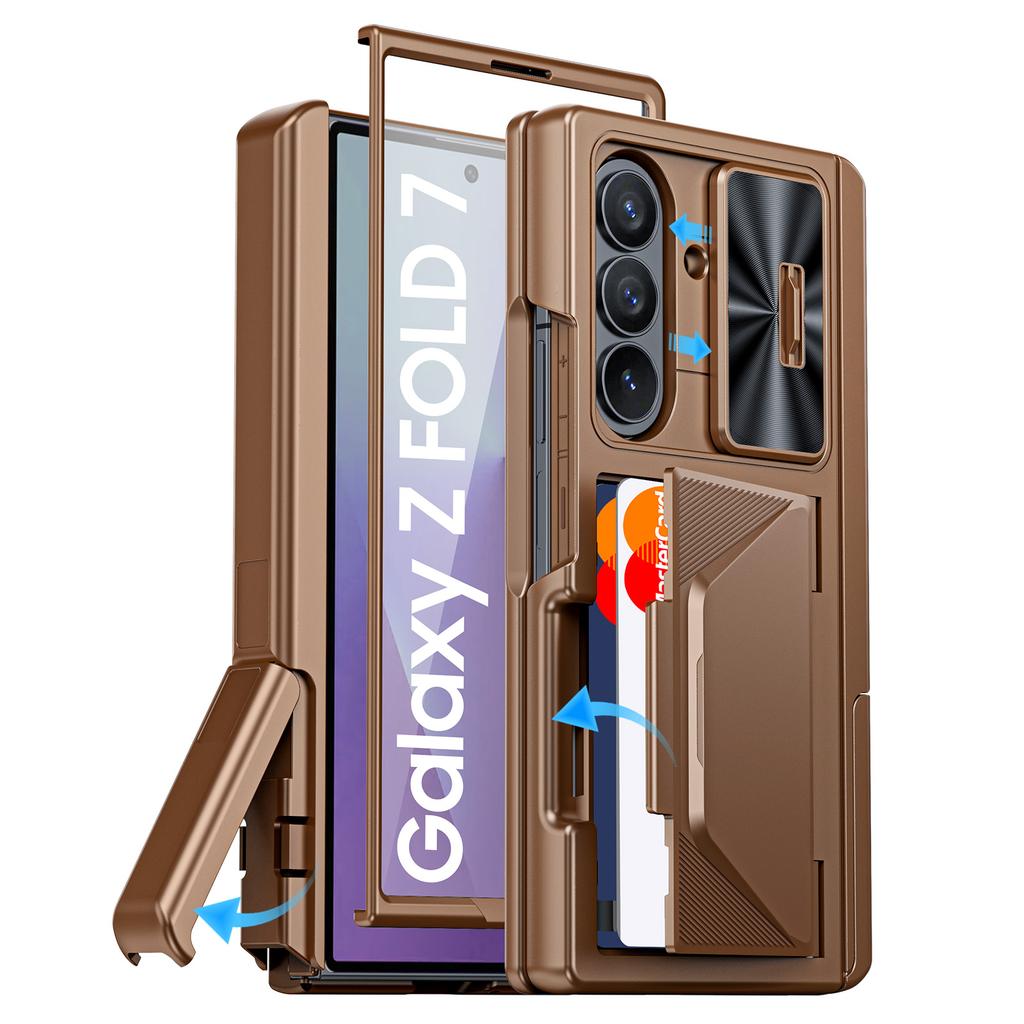 Для Samsung Galaxy Z Fold 7 С держателем для карт, Блокировка RFID, Встроенная сдвижная крышка для объектива и Защита шарнира и Подставка и Защитная пленка для экрана, Чехол-кошелек-Золотой