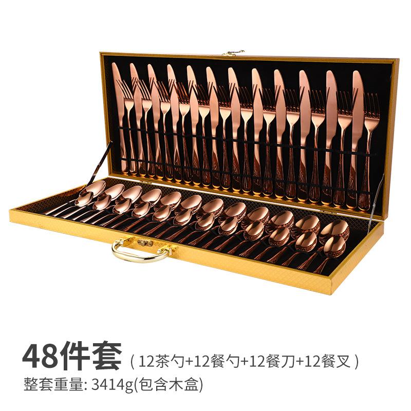 Light Luxury Stainless Steel Knife, Fork and Spoon 48 Pieces Gift Golden Wooden Box Set Hotel Western-style Tableware