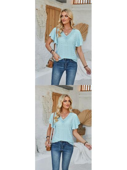 Spring/Summer Women's Lace V-Neck Ruffle Sleeve Loose T-Shirt