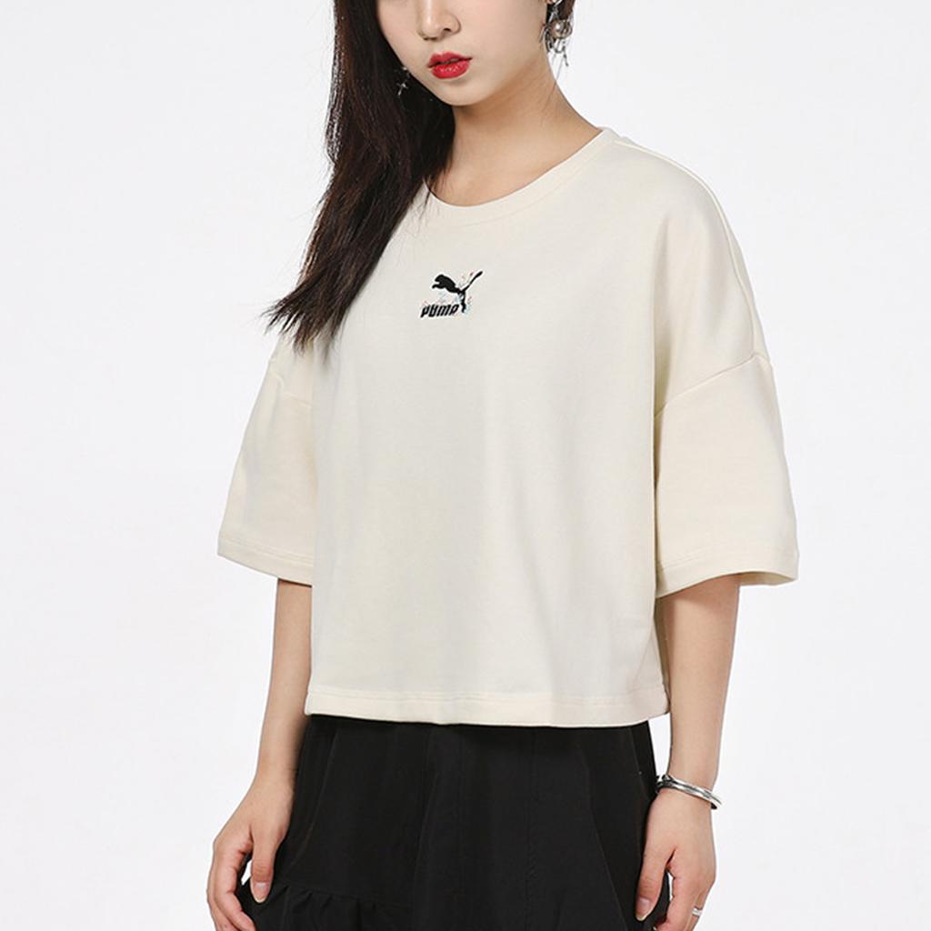 Puma Embroidered Logo Casual Sports Breathable Short Sleeve Round Neck T-Shirt Women Tops Off-White 533212-73