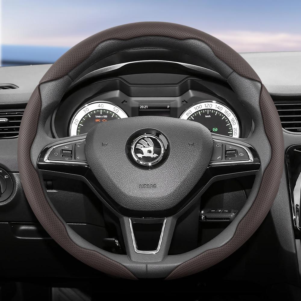 WFM1 Подходит для Skoda Дышащий кожаный чехол на руль с сегментированным дизайном и быстрой фиксацией, нескользящий и прочный, Octavia Rapid Kodiaq