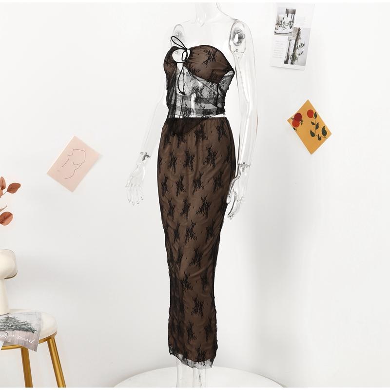 Сексуальные комплекты юбок без бретелек с кружевным принтом, женский прозрачный укороченный топ, длинная юбка, одинаковый комплект, женский костюм из двух предметов для ночного клуба