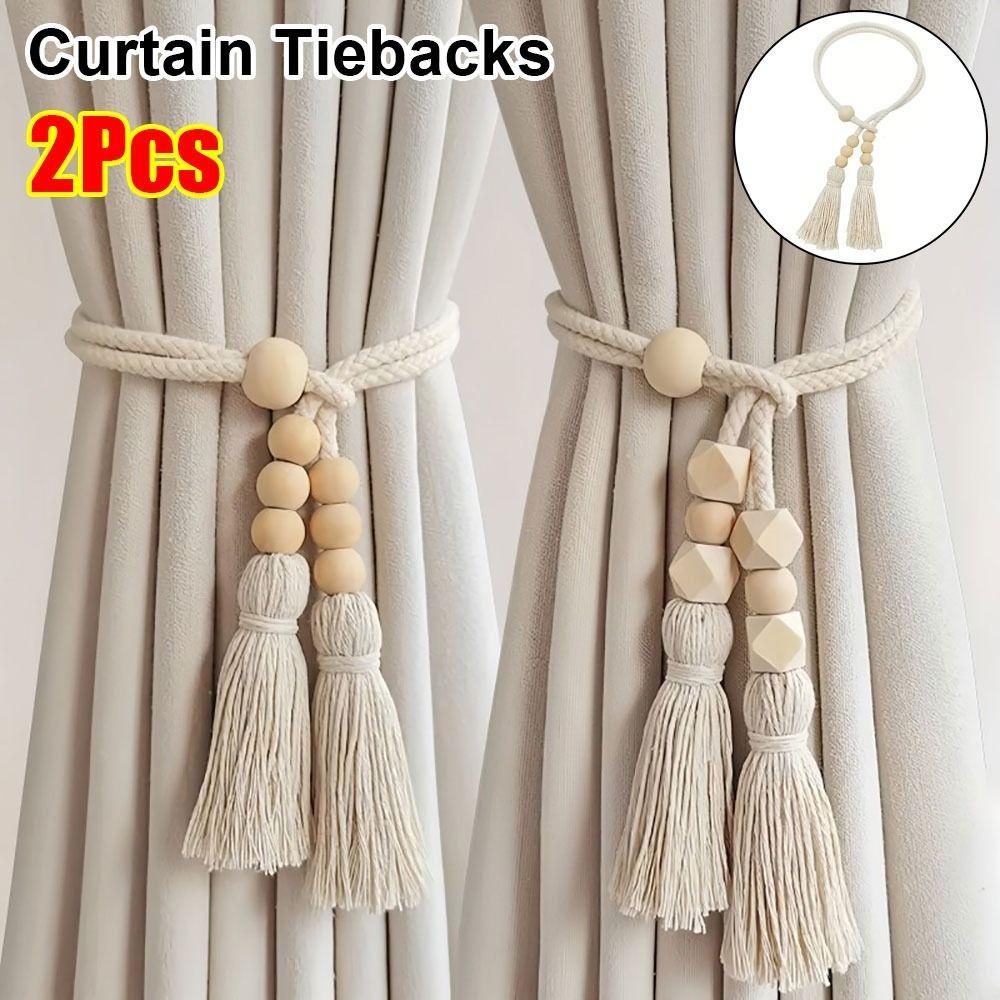 2 шт. с кисточками Подхваты для штор Фиксированная скандинавская веревка для подвязывания штор Деревянная бусина Простые крючки для штор Аксессуары для домашнего декора