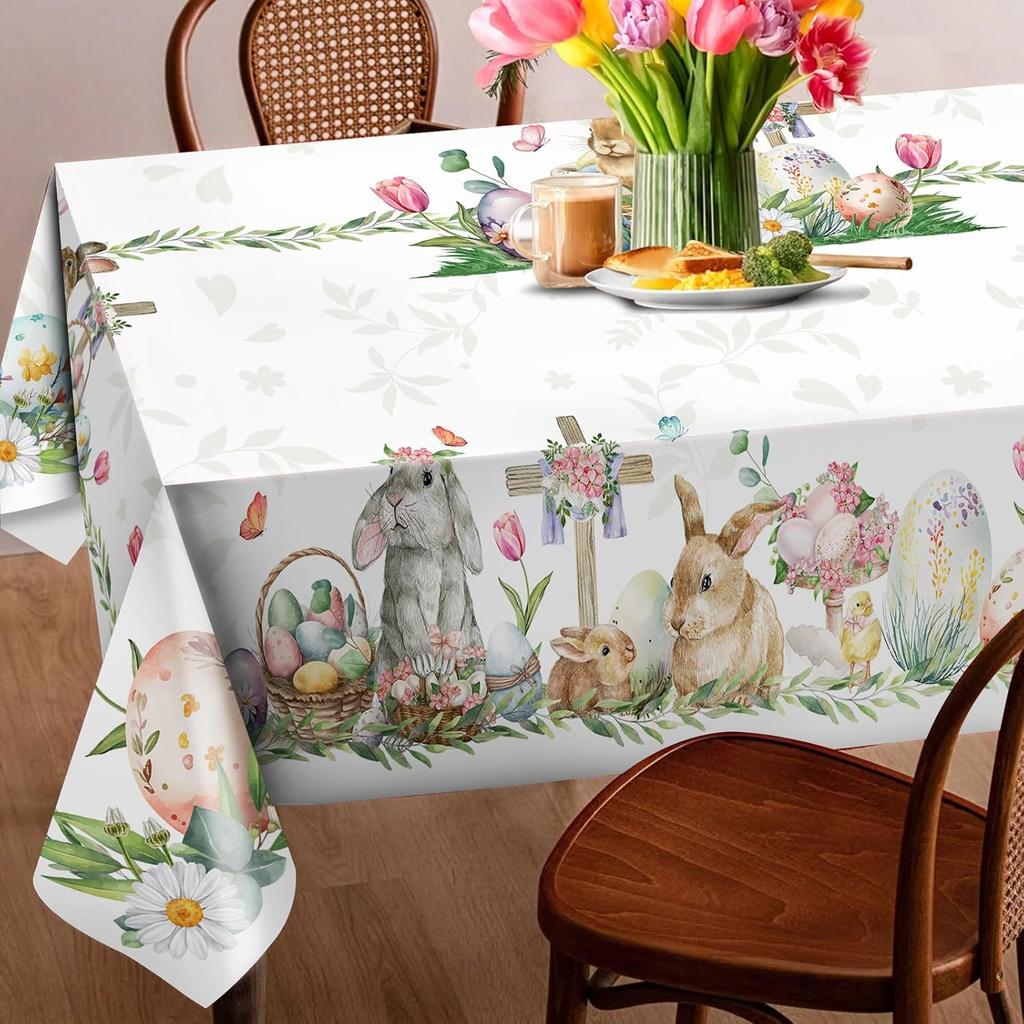 Easter Eggs Bunny Floral Waterproof Tablecloth for Table Decor Spring Tulip Flowers Rectangle Table Cloth Easter Decorations