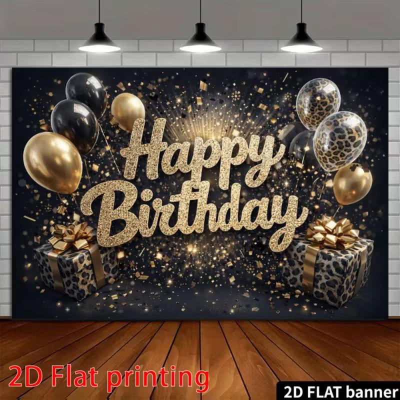 2D Flat Printing Black Gold Glitter Happy Birthday Party Photo Booth Background Cloth
