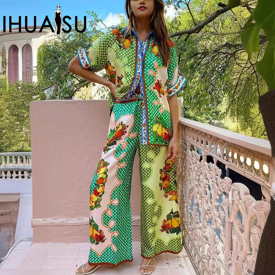 IHUASU Атласная рубашка с лацканами с коротким рукавом и принтом + брюки, повседневный комплект из 2 предметов