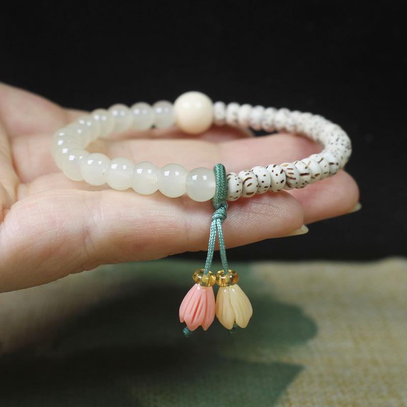 Star Moon Bodhi Beads Bracelet with Flower Pendant, Forest Style Women's Jewelry
