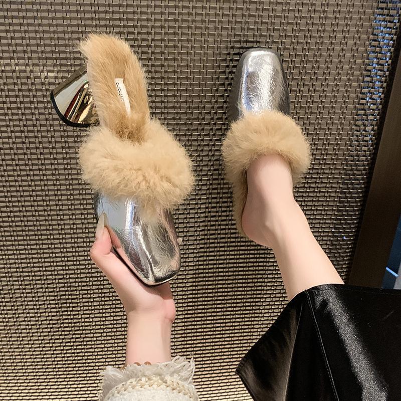 Winter Outside High Heel Modern Slippers Square Heel Pull On 2024 High Quality Shoes Female Solid Shallow Novelty Slippers