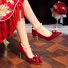 Spring and Autumn Fleece French Pointed Thick Heels Bow High Heels Red Wedding Shoes