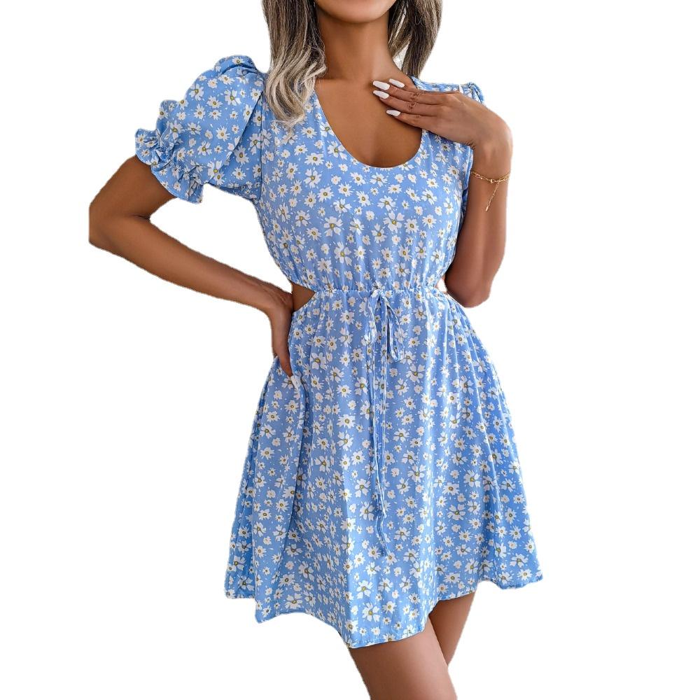 GMXIA Весенне-летнее повседневное платье с вырезом на шнуровке и коротким рукавом с цветочным принтом для женщин, юбка