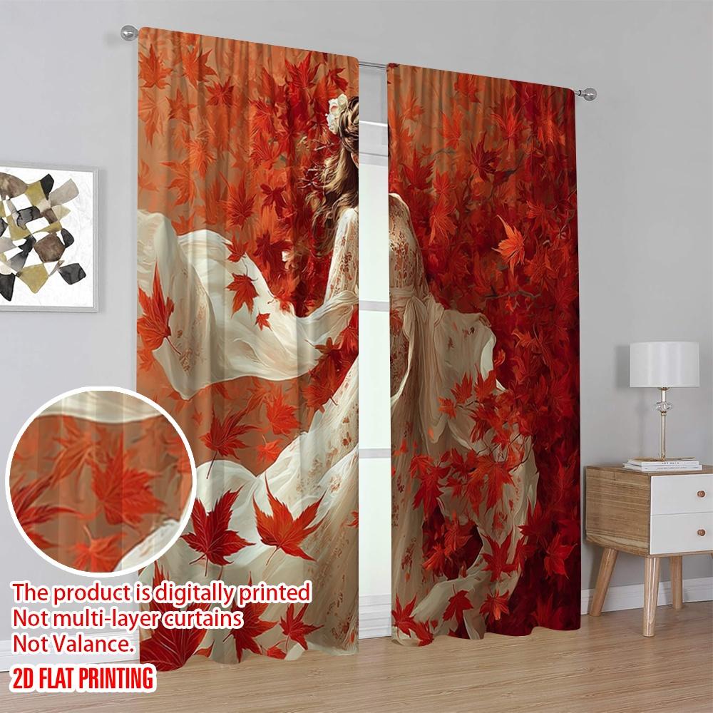 2pcs,2D Plane Printing Popular Curtains Autumn Leaf Polyester (without Rod) Decorations Outdoor for Living Room and Bedroom