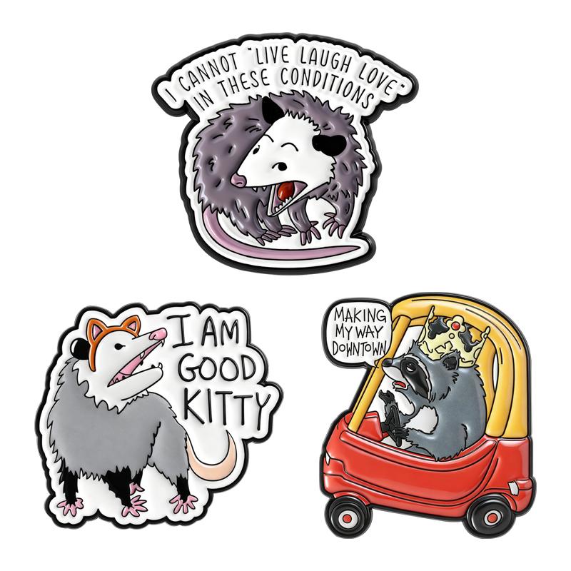 Opossum Raccoon Enamel Pins Trash Panda Good Kitty Brooches Lapel Badges Cartoon Animal Jewelry Gift for Friends