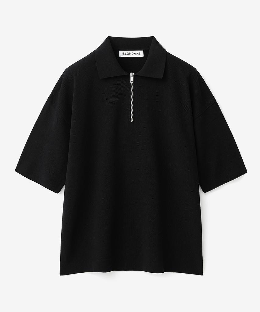BLOND9 Cotton Half Zip Short Sleeve Knit_Black