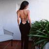 Women Sexy Halter Neck Backless Solid Color Split Slim Long Dress