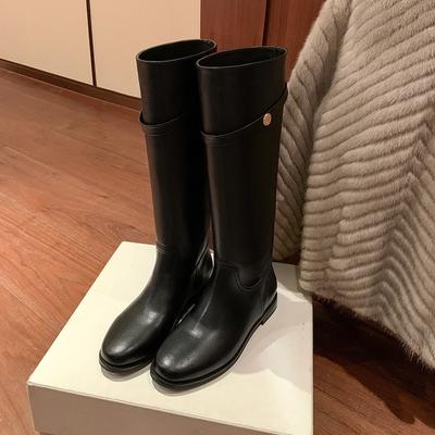 ! Туфли круглый носок ретро маленькая золотая монета пряжка ремень кожа толстый каблук высокие рыцарские сапоги женские