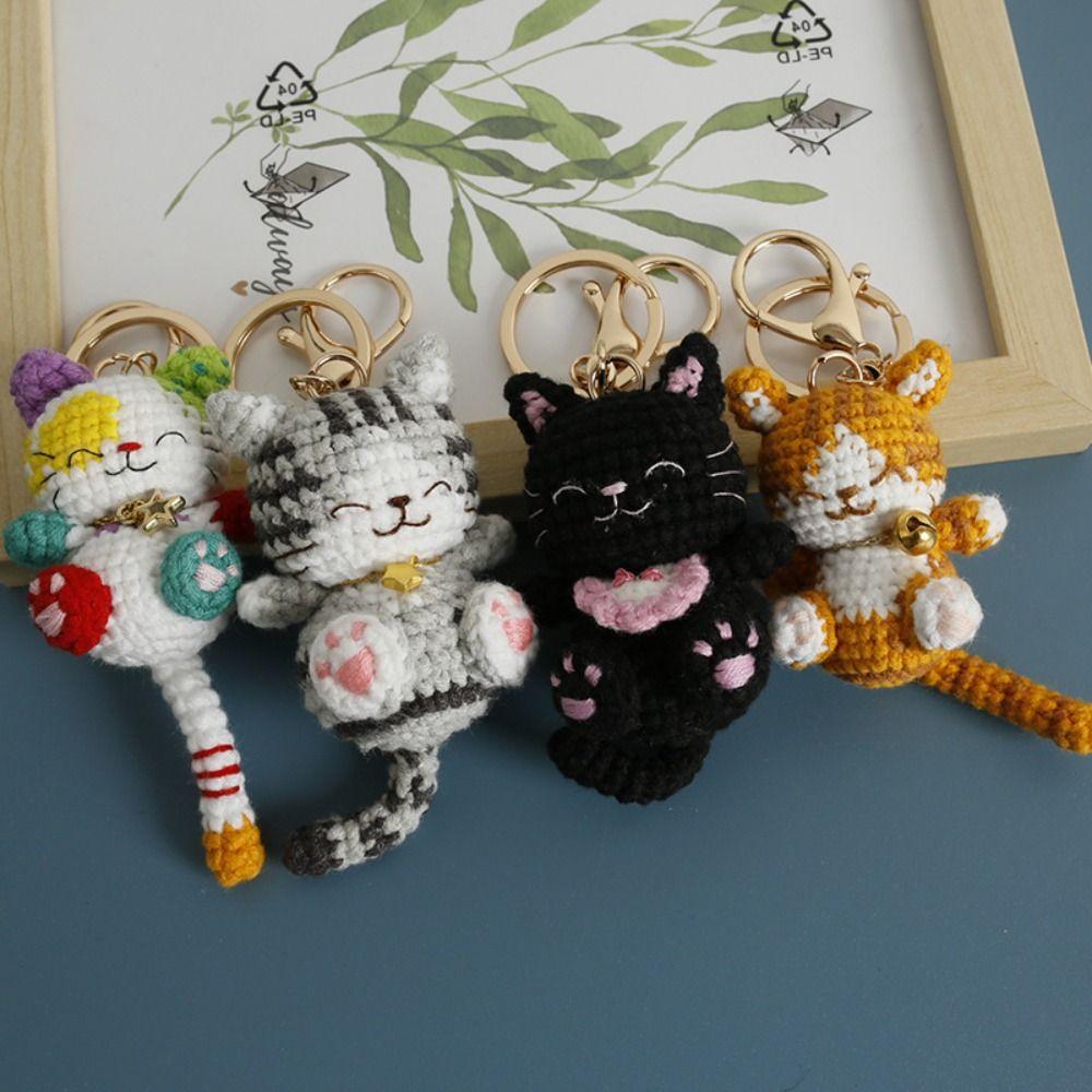Handmaking Crochet Kitten Keyrings Animal Cat Key Chain Handwoven Cat Pendant Bag Decor