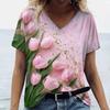 3D Tulip Floral Print T-shirt for Women, V-neck Short Sleeve, Summer Casual Top