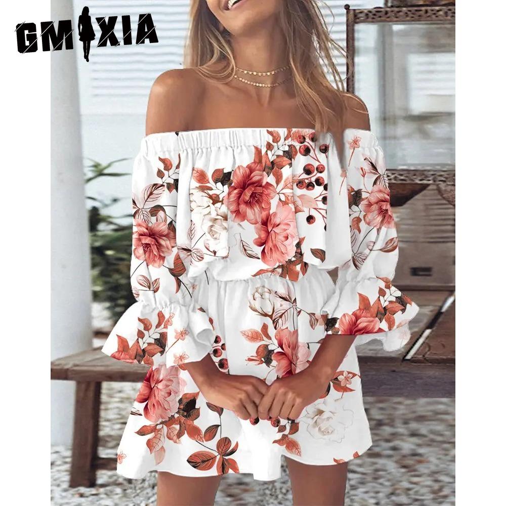 GMXIA Женское мини-платье с цветочным принтом, летнее сексуальное платье-туника с открытыми плечами и расклешенными рукавами, женское повседневное пляжное платье в стиле бохо