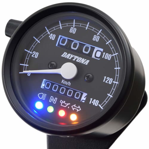 Daytona Motorcycle Mechanical Speedometer Black Body/Black Panel/White LED 60 140km/h Display with Indicator 15626
