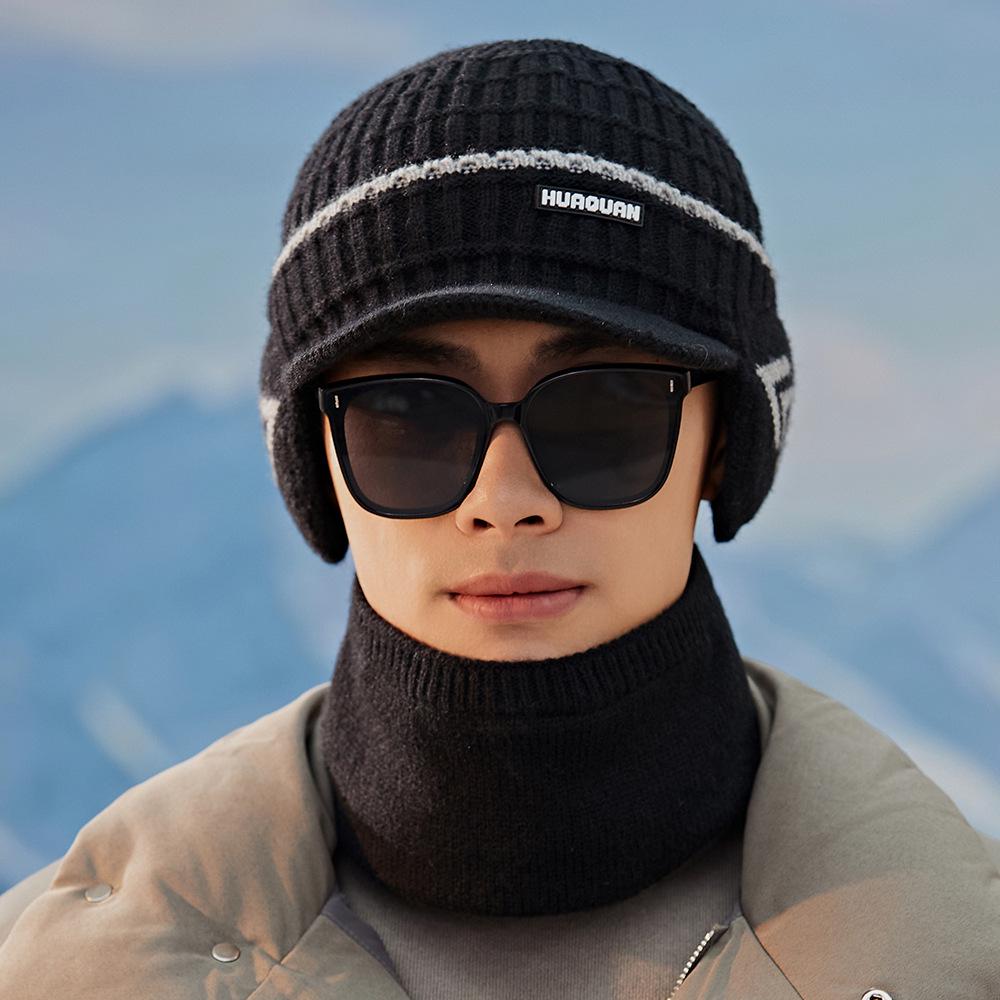 Men's Korean Style Knitted Wool Winter Hat & Velvet Earmuff Scarf Set for Cycling