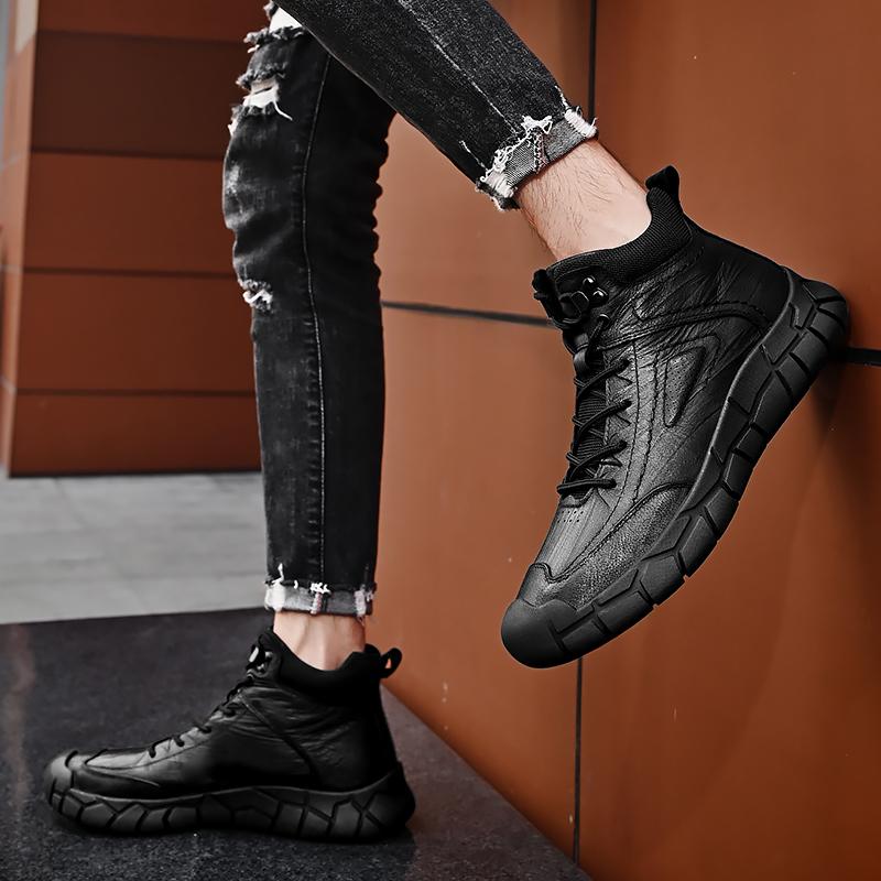 Fashion New Mens Motorcycle Boots Genuine Leather Boots Retro Style Basic Boots Men Casual Warm Snow Sneakers Non-slip Walking Shoes