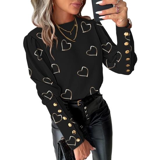 Пуговица, большой размер, принт, декор, круглый вырез, сердце, длинный рукав, свободная ПР, мягкая дышащая блузка в повседневном стиле