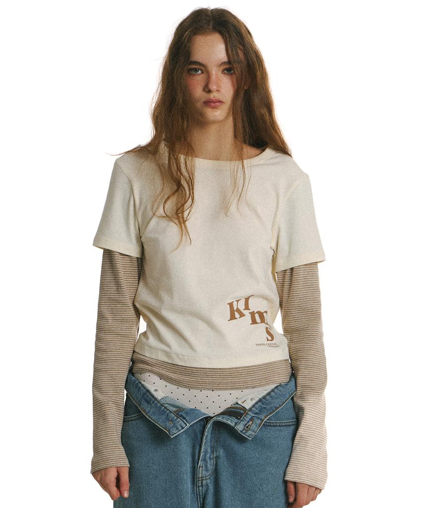 Kimseupeulesikoteunmakes Муза Полосатый Многослойная Футболка с Длинным Рукавом Кремовый
