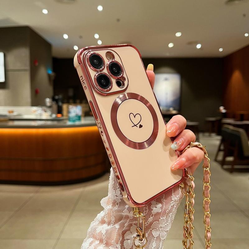 Для iPhone 17 16 Pro 15 14 Pro Max 13 Samsung S25 S24 Ultra S23 FE S22 S21 Чехол с гальваническим покрытием в виде сердца любви Для Magsafe Магнитный чехол для телефона с веревкой через плечо