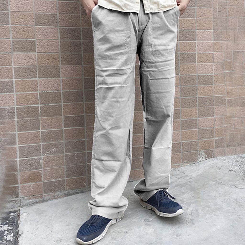 Large Size Men's Casual Trousers Linen Pocket Fashion Beach Trousers Trousers Processing Hundred Straight Trousers