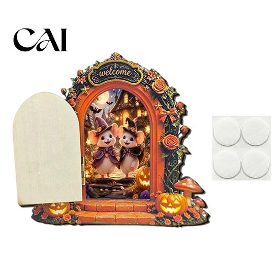 Holiday Gift for Children Halloween Mouse Hole Wall Decoration, Retro Arched Fairy Door with Pumpkin Openable Miniature Ornament & Flower Decor, Home