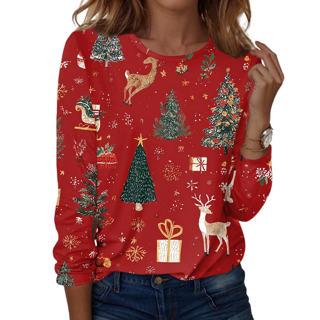Women's Fashion Casual Christmas Printed Round Neck Long Sleeve Pullover Top