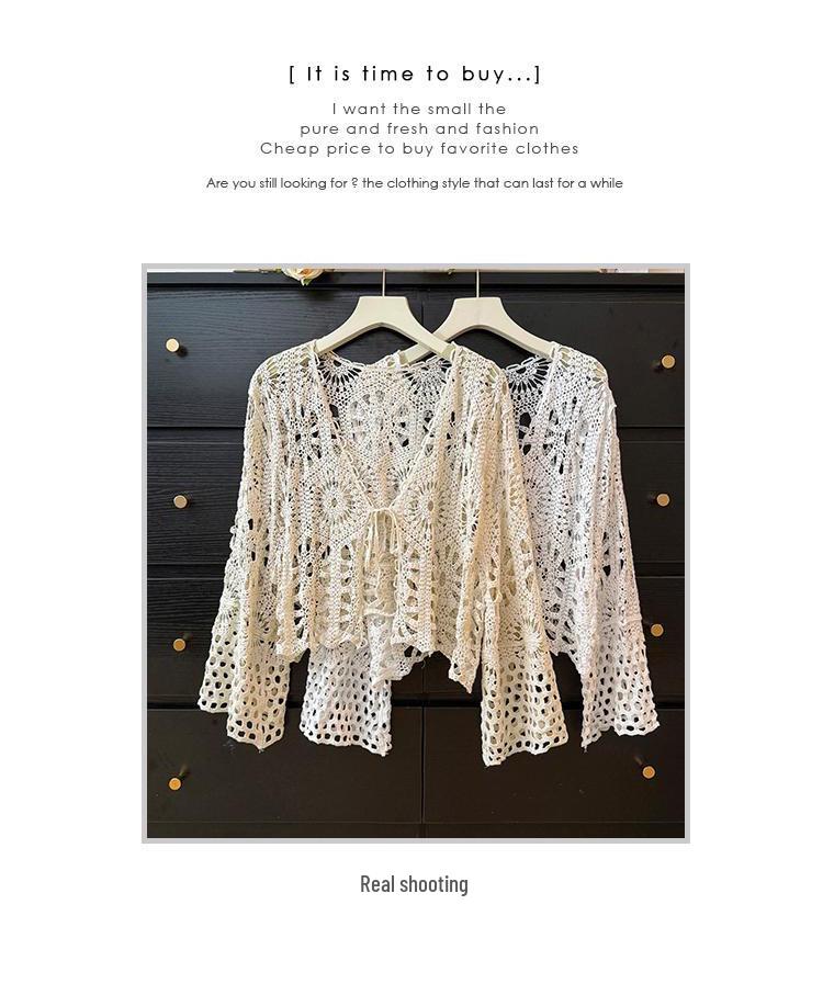 Богемный вязаный кардиган на завязках крючком - Женский топ с длинным рукавом для защиты от солнца