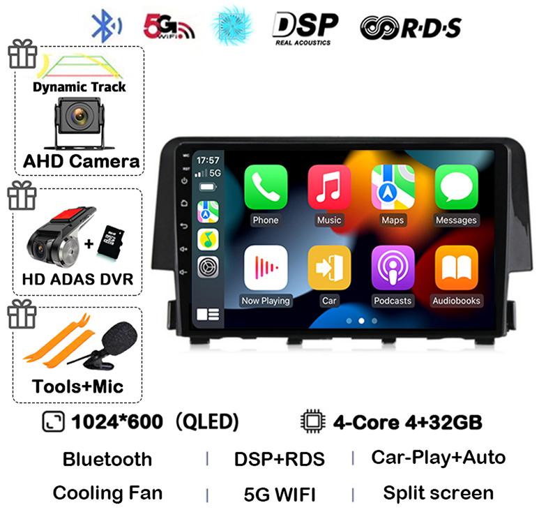 Android 14 Беспроводной Carplay Auto Для Honda Civic 2016 2017 2018 2019 2020 Автомагнитола Стерео Мультимедийный Плеер GPS 4G+WIFI DSP