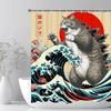 Japanese Cat Shower Curtain, Vintage Anime Sunset Wave Art, Waterproof Fabric With Hooks
