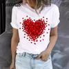 Summer Plus Size Women's T-Shirt Love Printed Round Neck Cuffs Reverse Pleated Short Sleeve Top