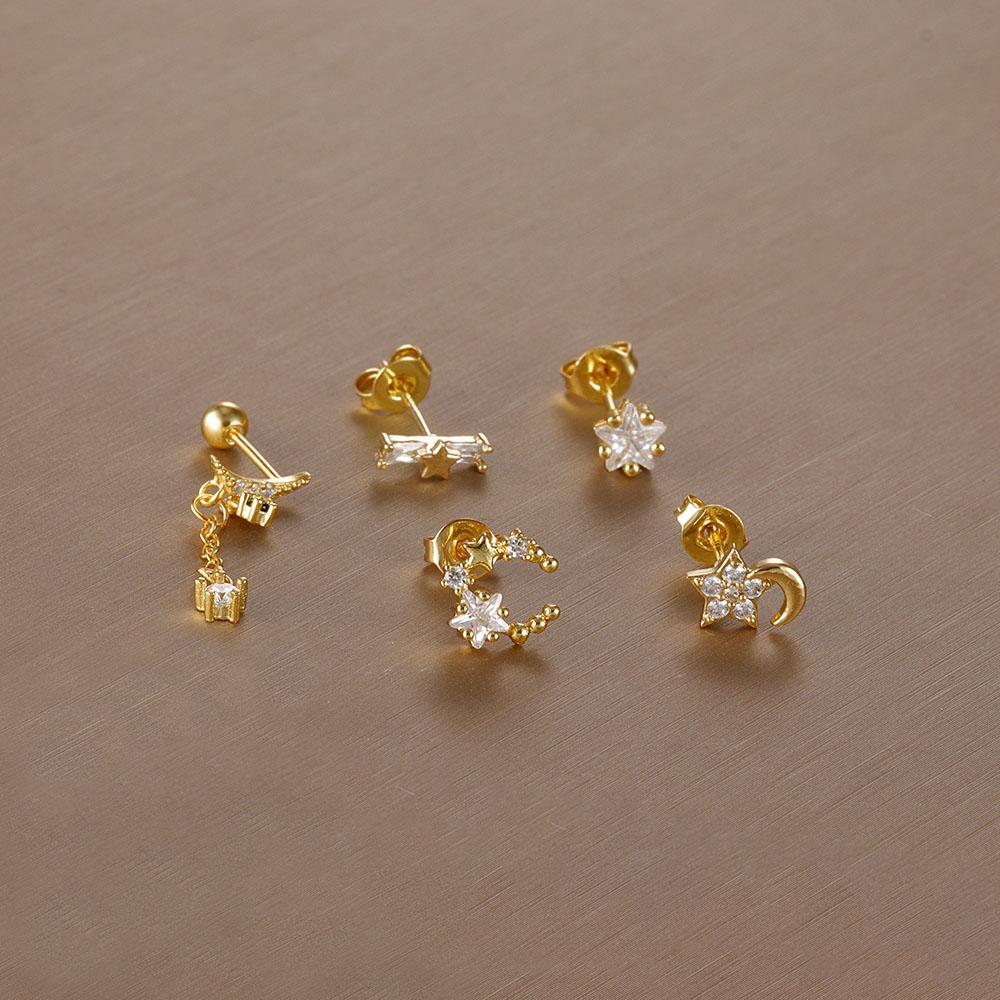 5PCS Stainless Steel Star Moon Chain Stud Earrings Set for Women Creative 18K Gold Plated Ear Piercing Earring Wedding Jewelry