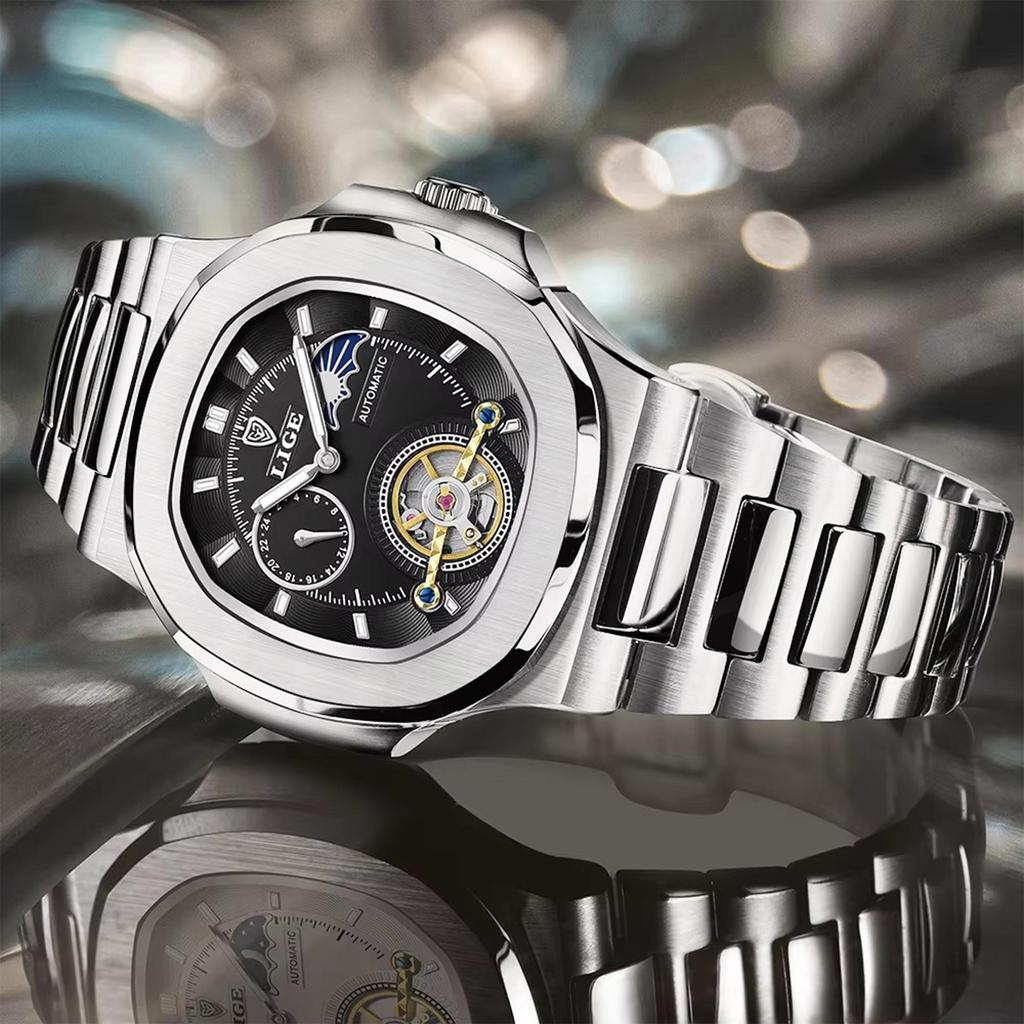 LIGE Dual Seconds Tourbillon Watch 24 Hour Mechanical Watch Stainless Steel Authentic Men Watch